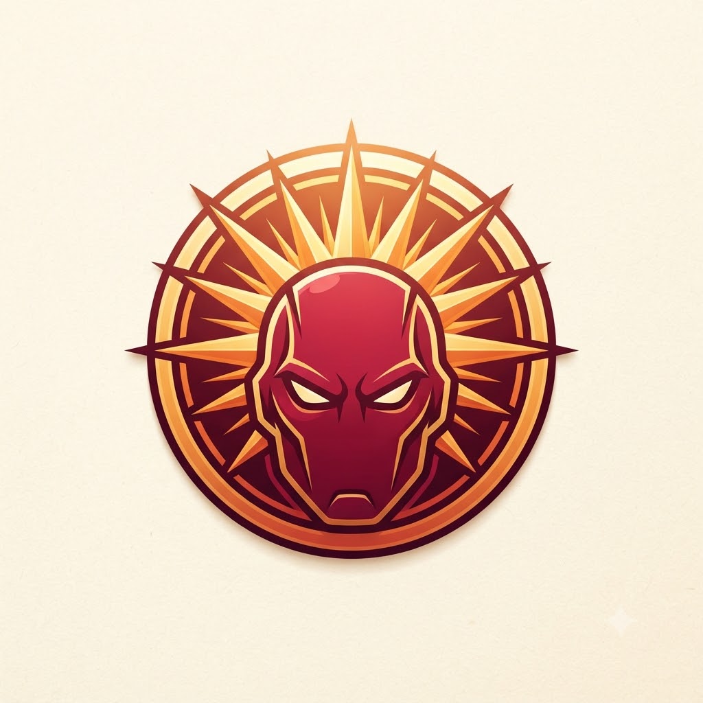 Original superhero logo with a solar mask and sunburst
