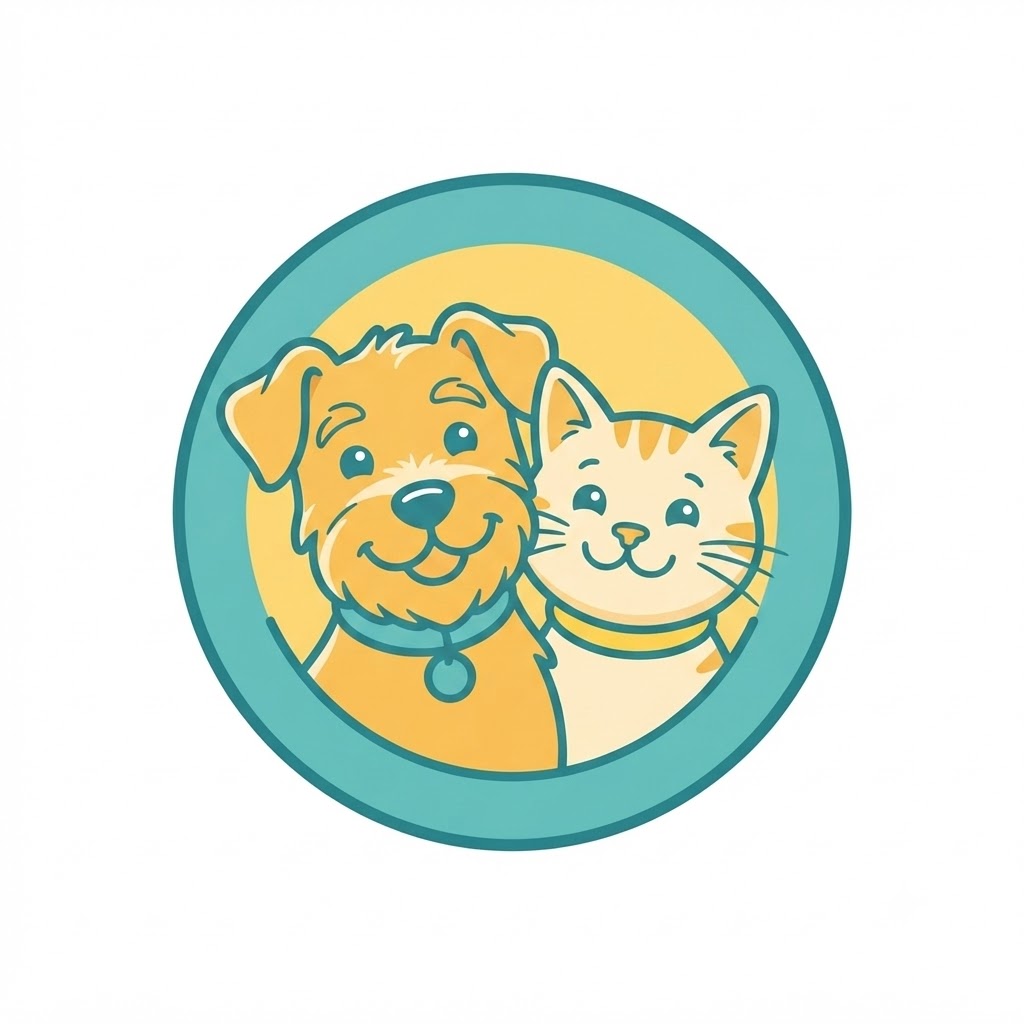 Pet supplies logo with a friendly dog and cat badge