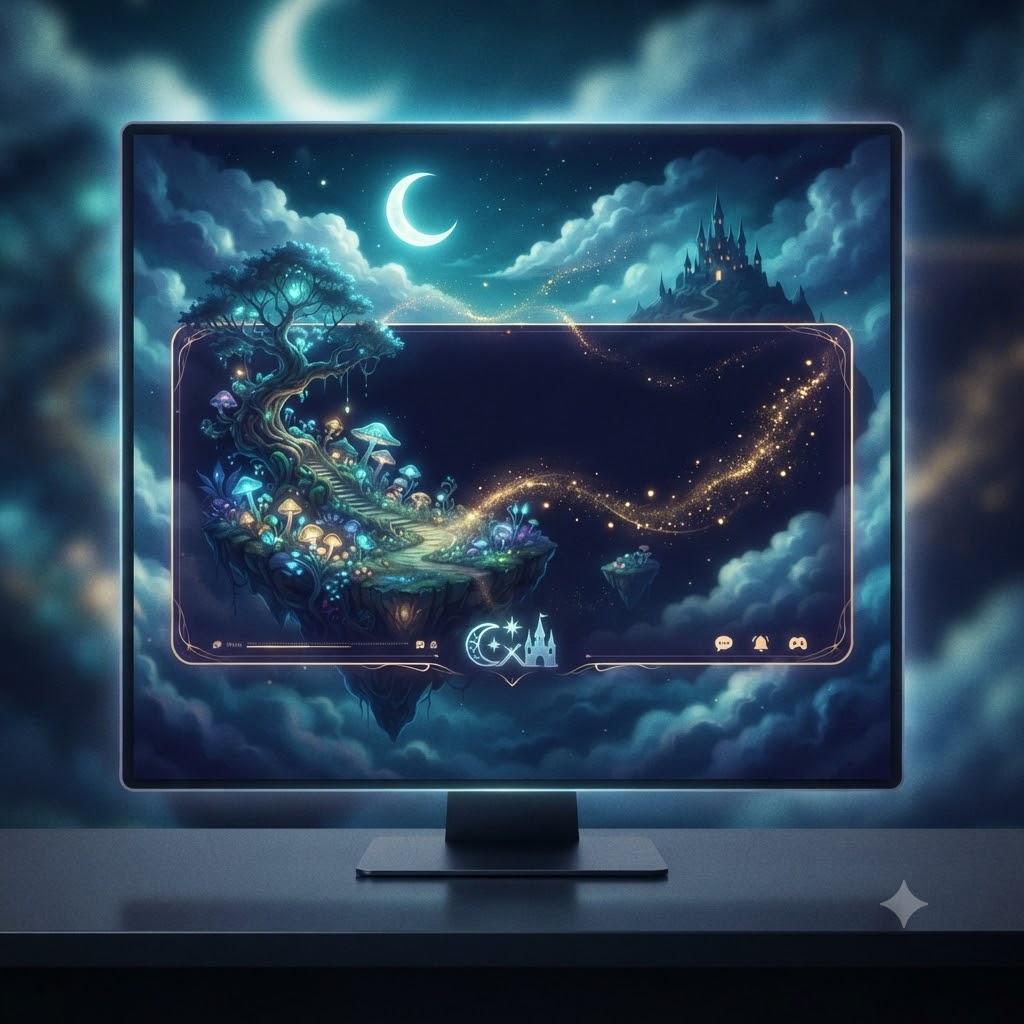Fantasy stream banner with floating island and magical title space