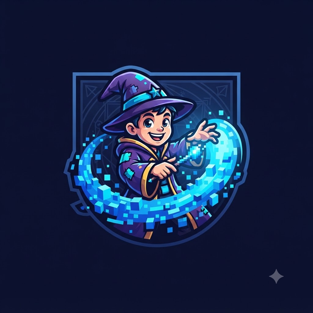 Cartoon gaming wizard logo casting pixelated blue magic