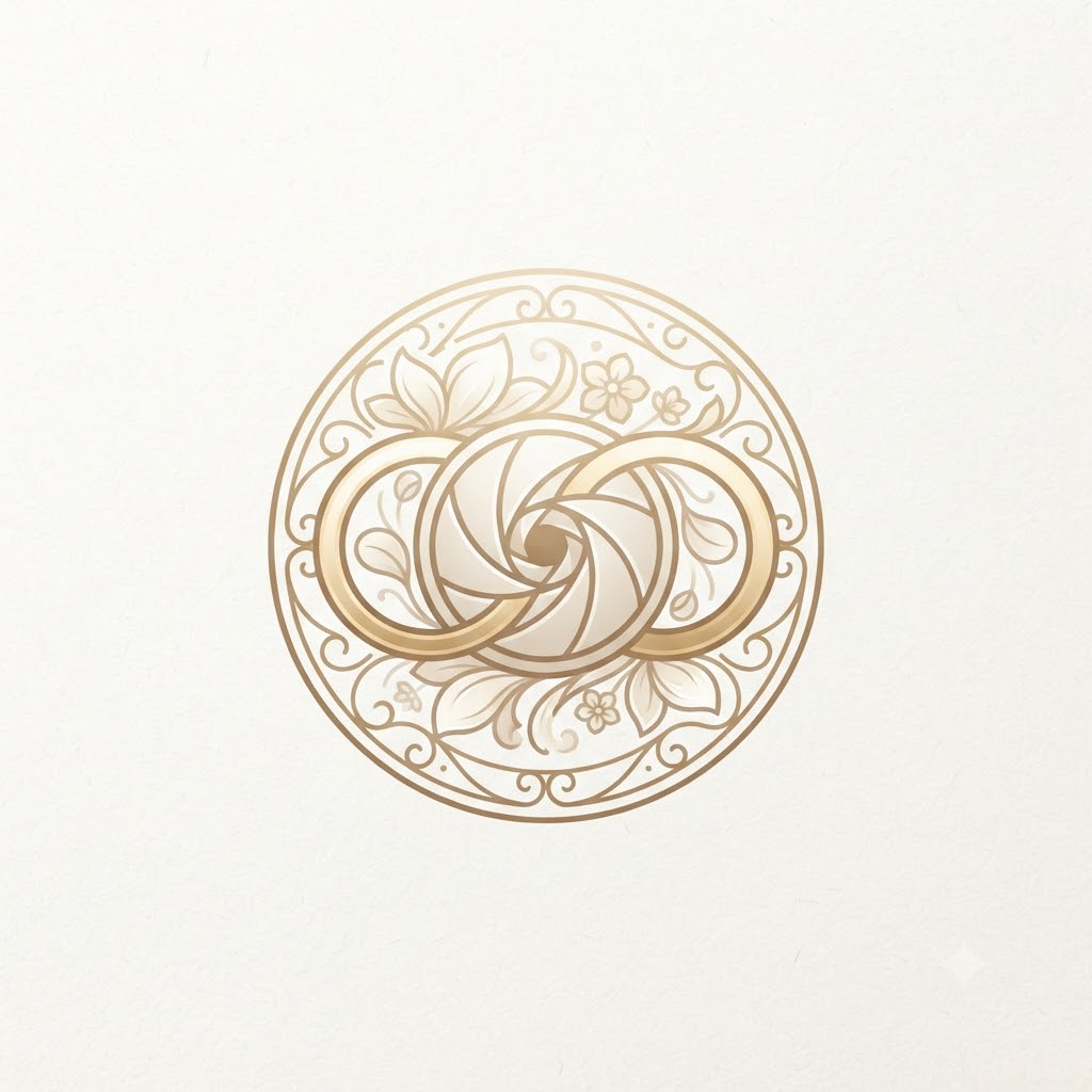 Wedding photography logo with camera aperture, rings, and floral petals