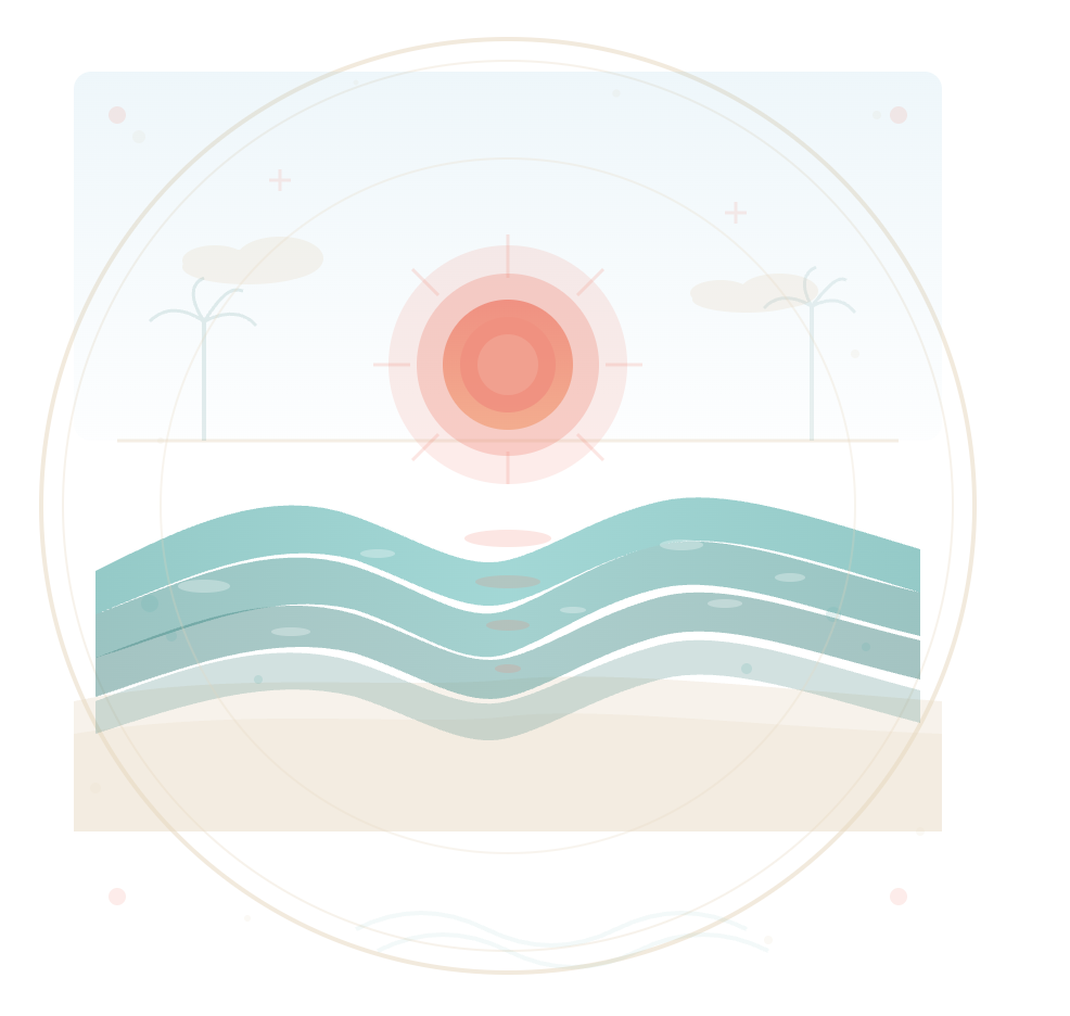 Beach travel logo with ocean wave, tropical sun, and horizon