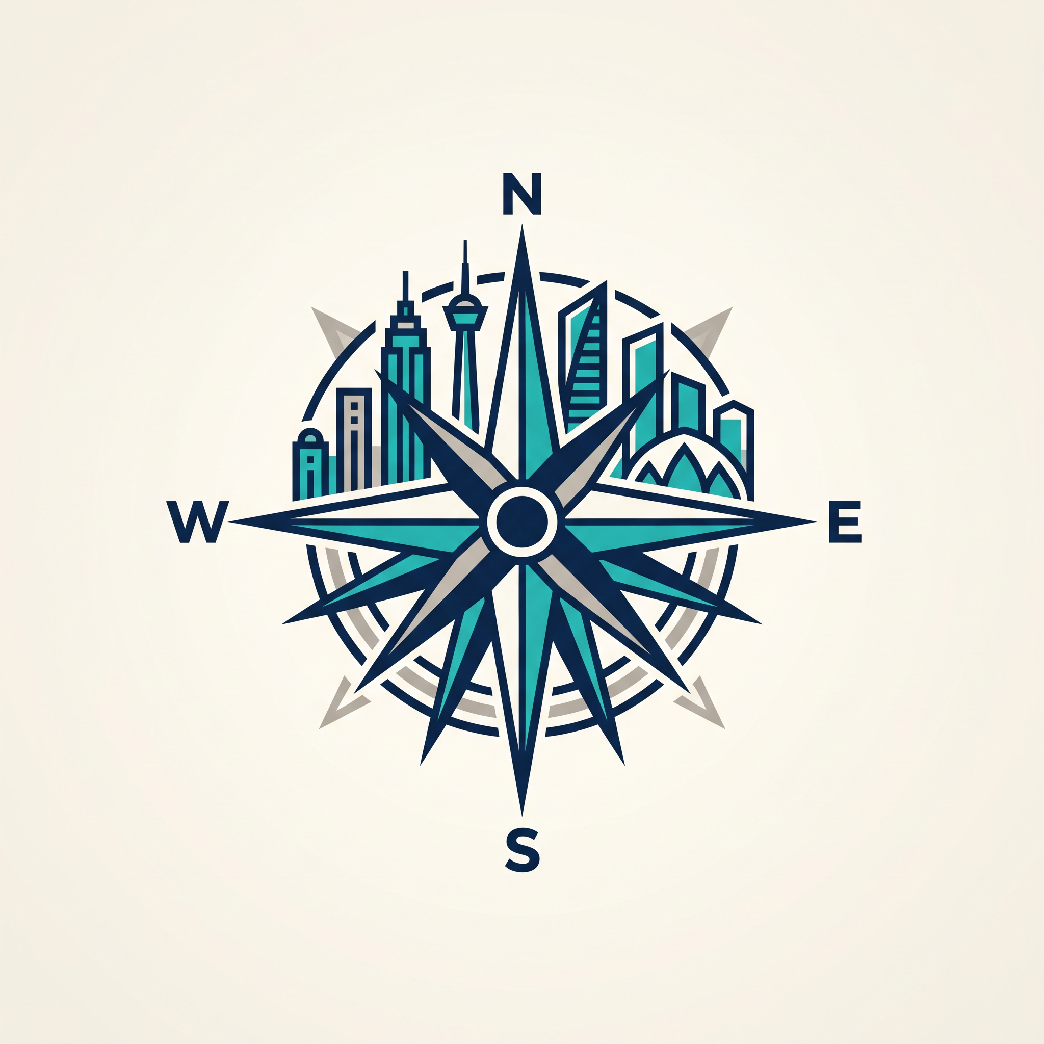Urban travel logo with a compass rose and city skyline
