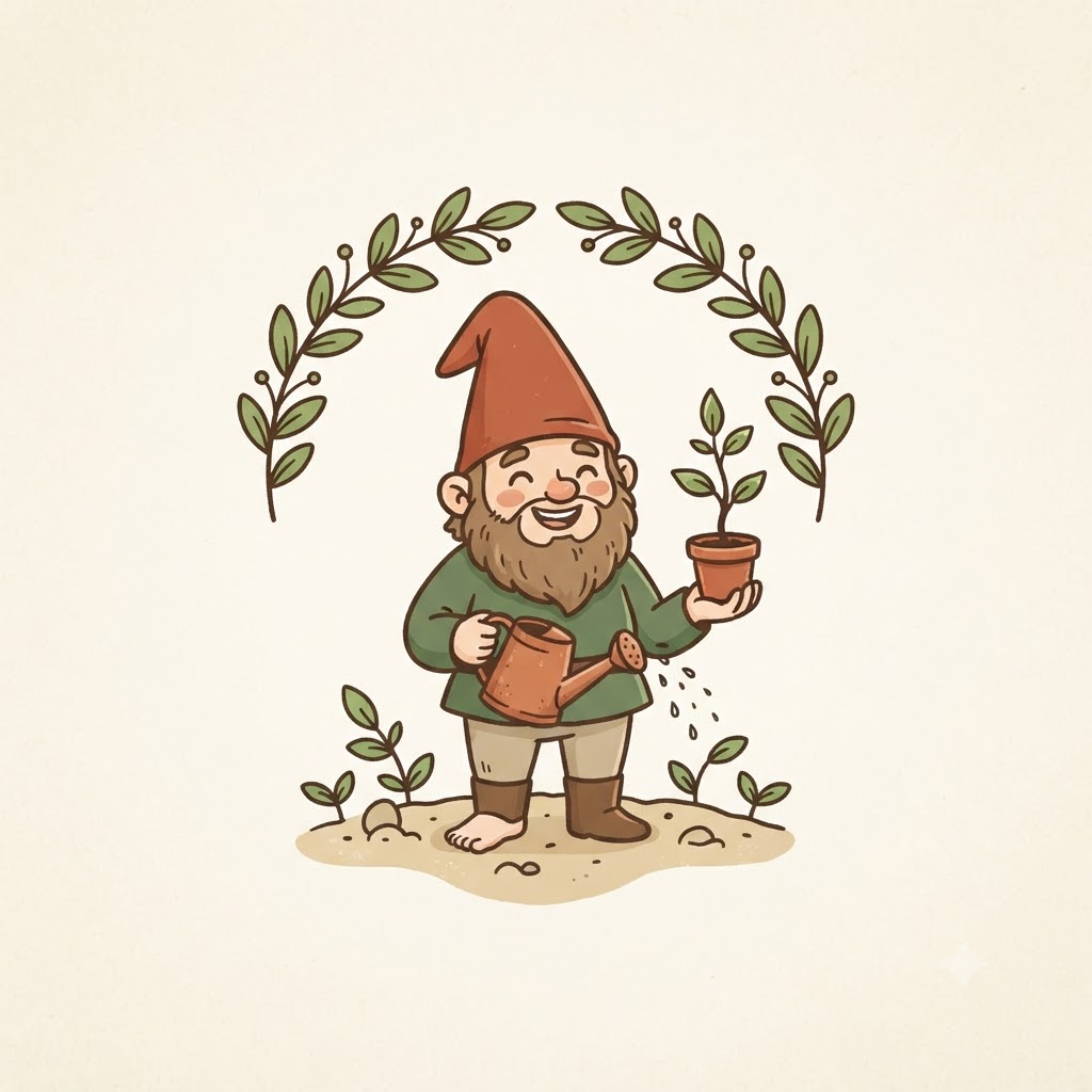 Cartoon gardening logo with a gnome and watering can