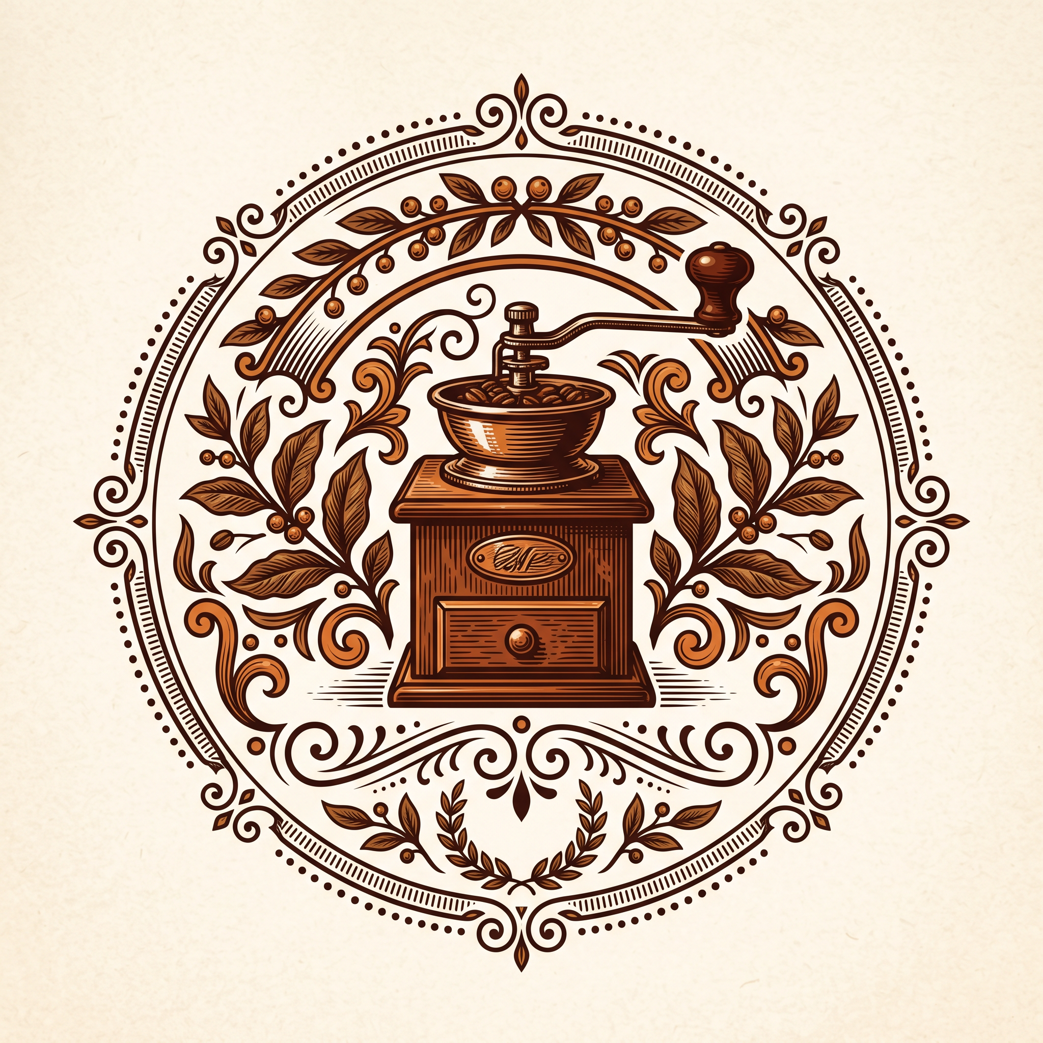 Vintage coffee roastery logo with a hand grinder and coffee leaves