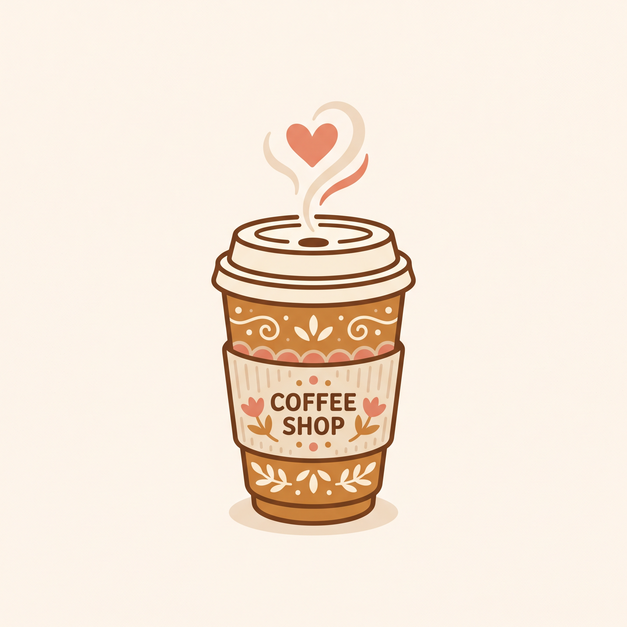 Cozy coffee shop logo with a steaming cup and heart