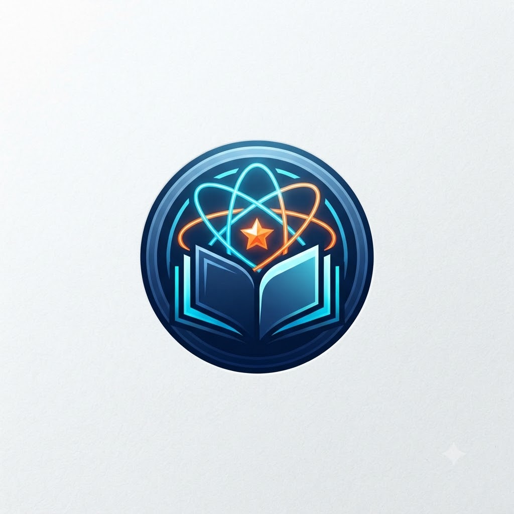 STEM school logo with atom orbit, star, and book