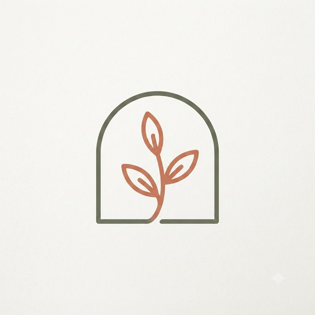 Home decor logo with an arch and botanical stem
