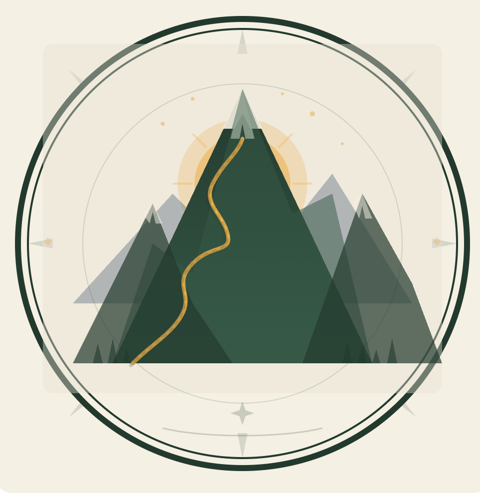 Adventure travel logo with mountain summit, trail, and sunrise