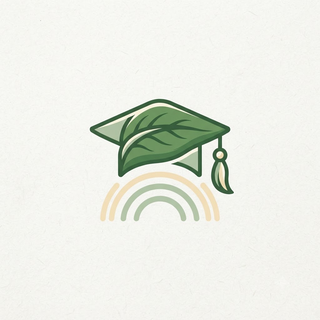 Sustainable education logo with a leaf, graduation cap, and sunrise arc