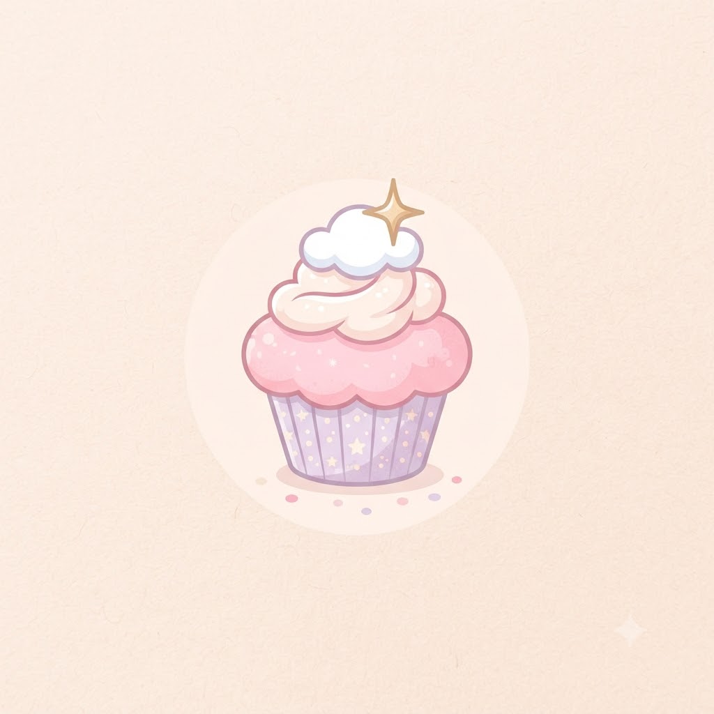 Dessert shop logo with cupcake, cloud, and sparkle