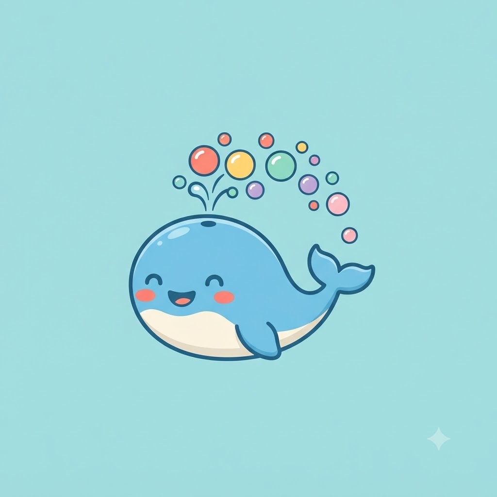 Cartoon whale logo blowing colorful bubbles