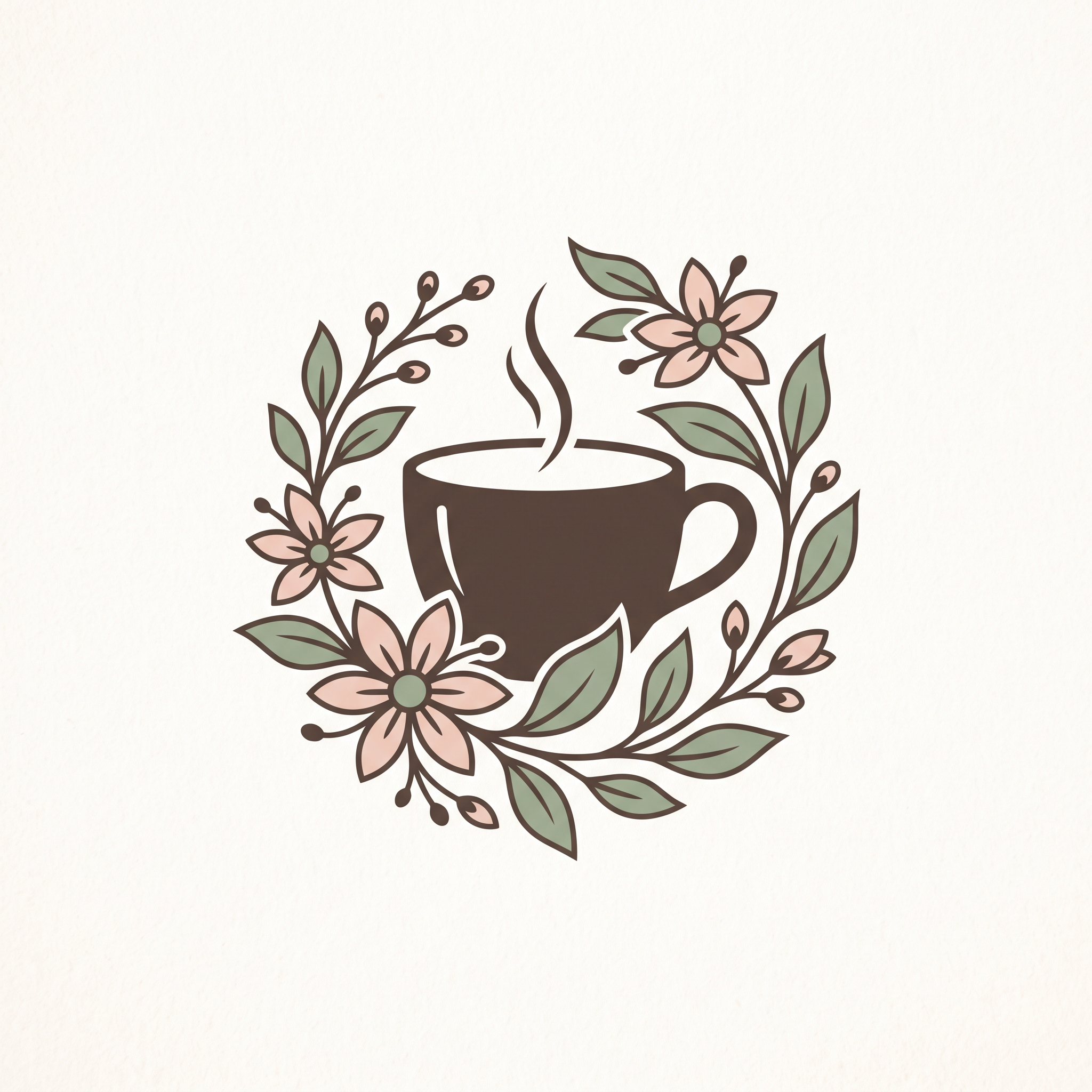 Botanical coffee logo with flower petals and coffee cup
