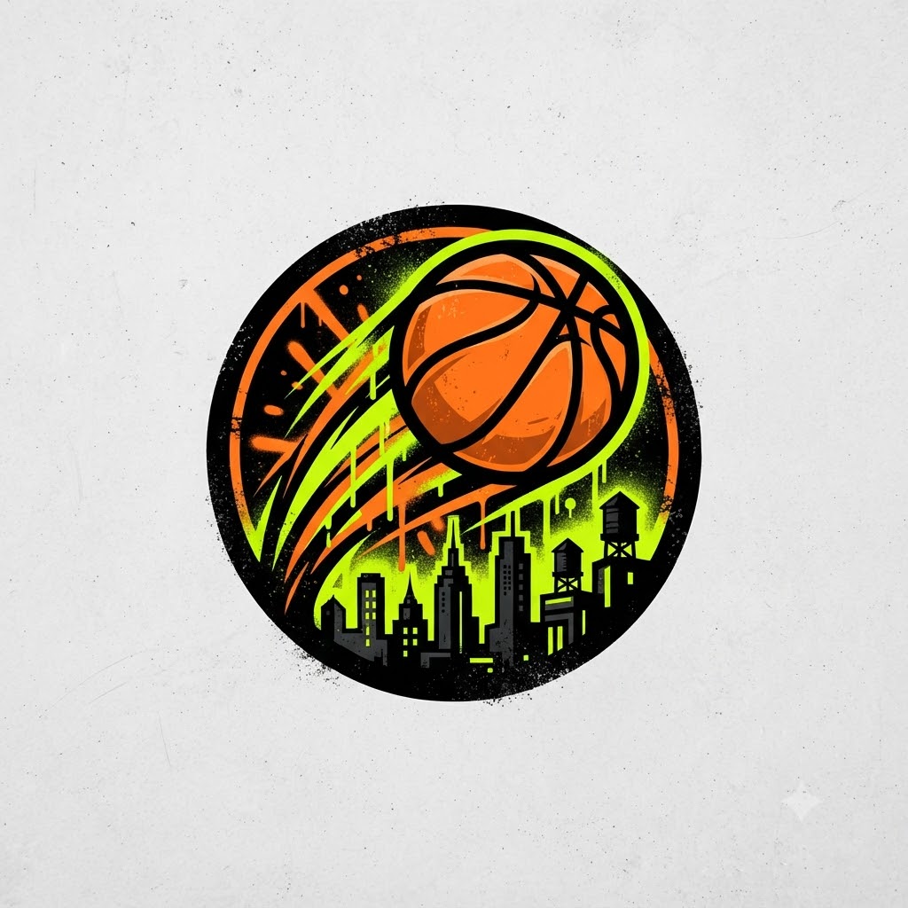 Street basketball logo with ball, graffiti motion lines, and skyline