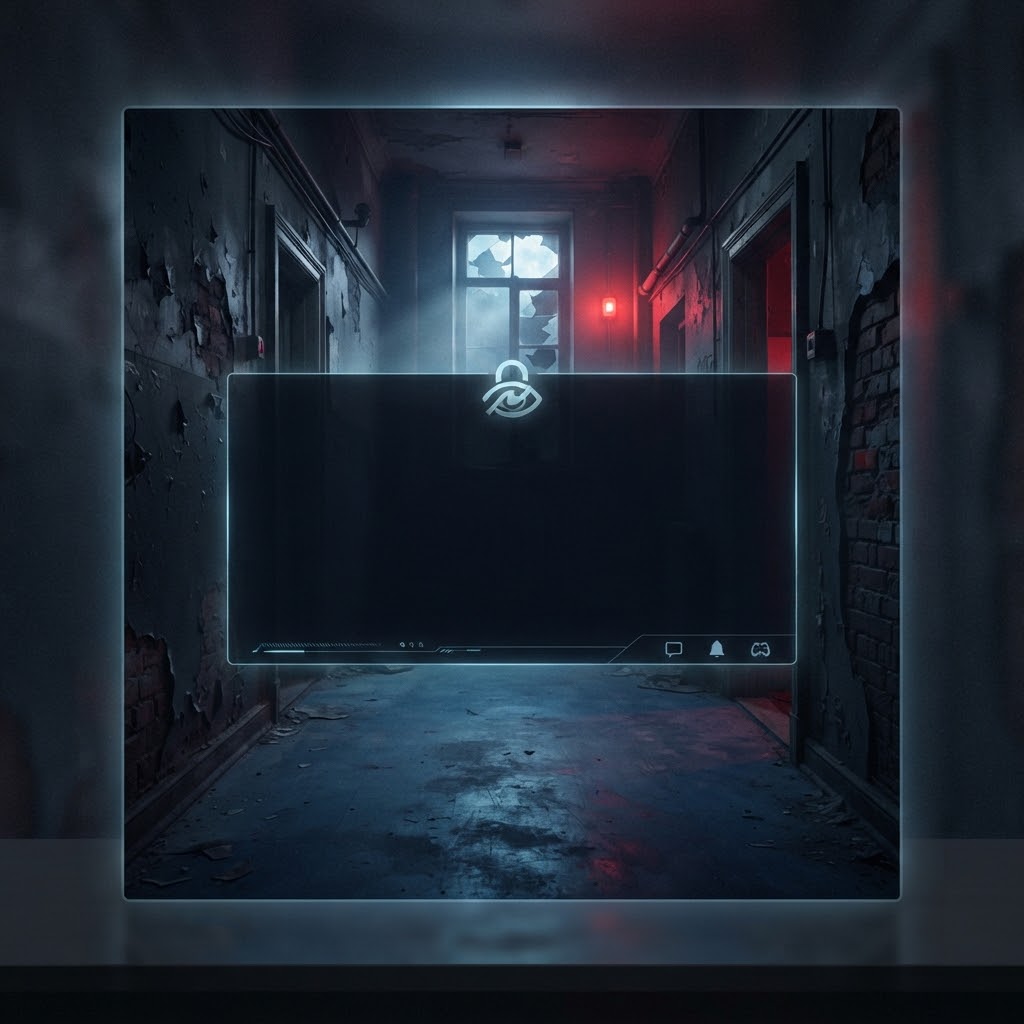Horror stream banner with foggy corridor and title space