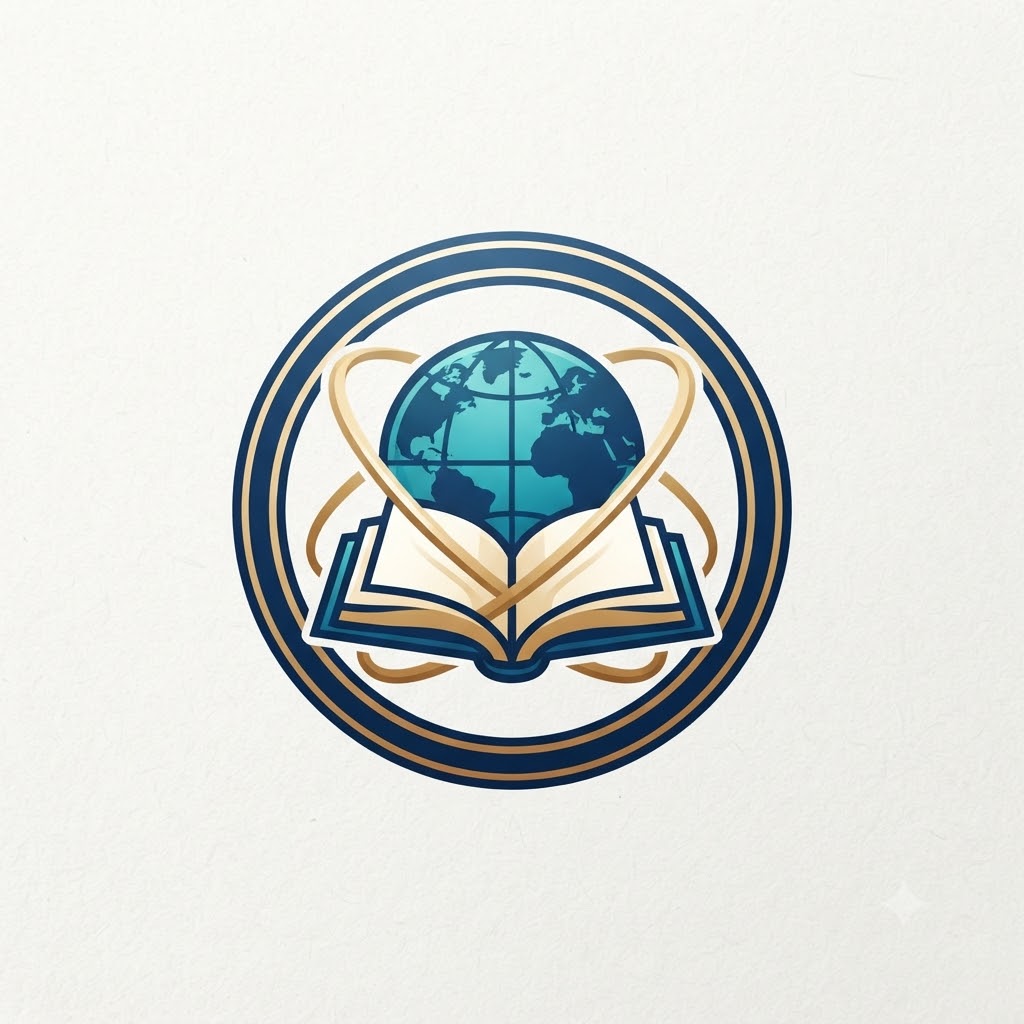 International school logo with globe, book, and orbit lines