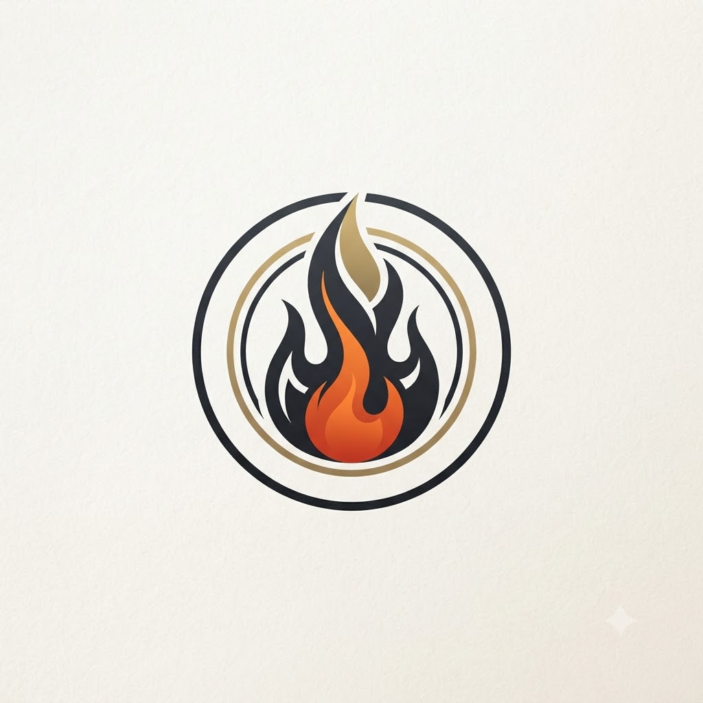 Premium grill restaurant logo with flame and plate emblem