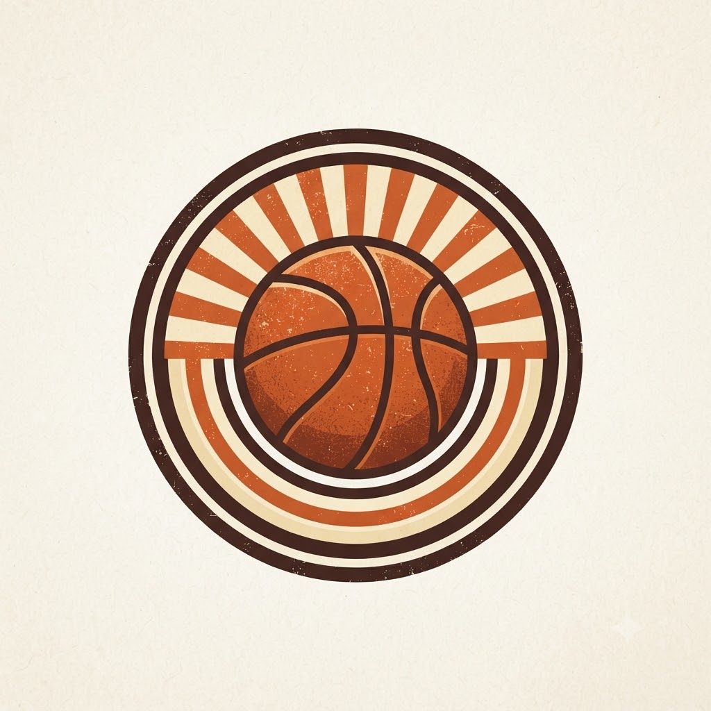 Retro basketball logo with classic ball and sunburst