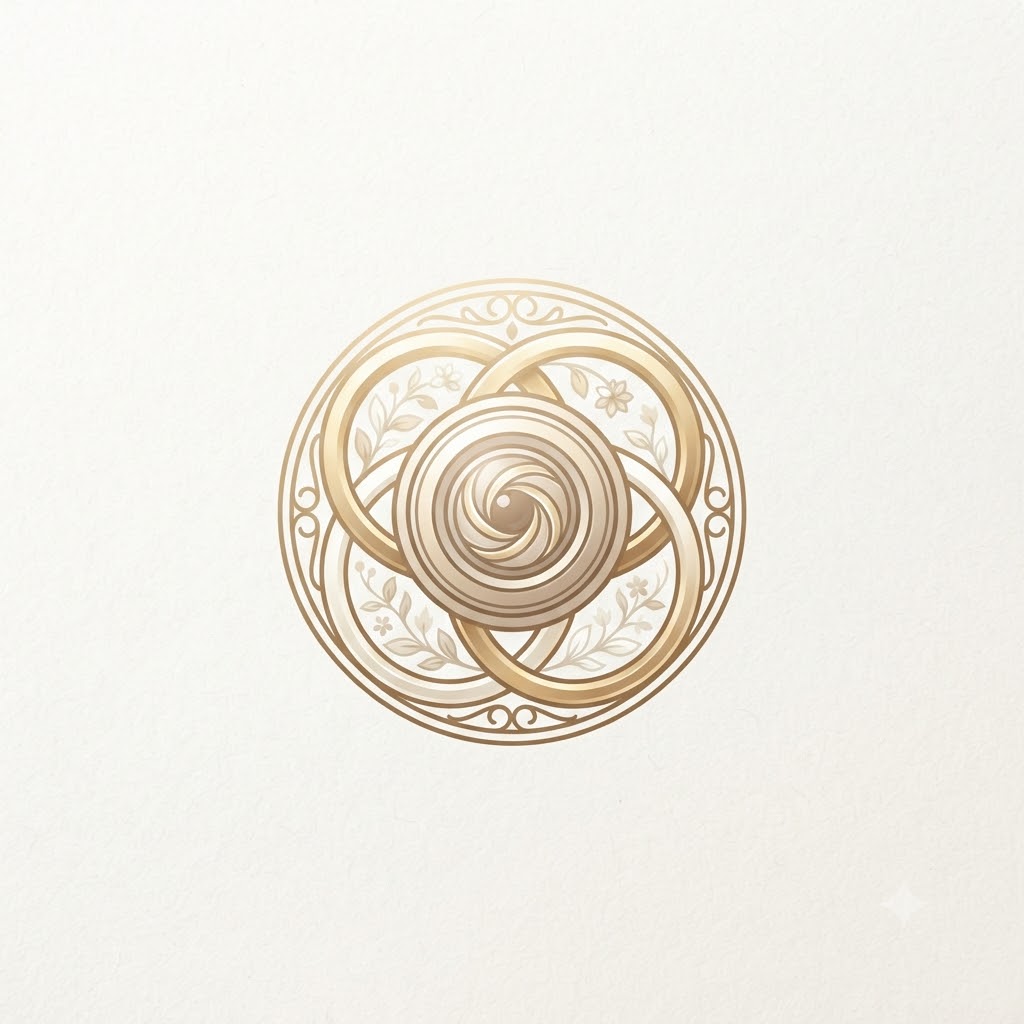 Wedding photography logo with lens, rings, and floral details