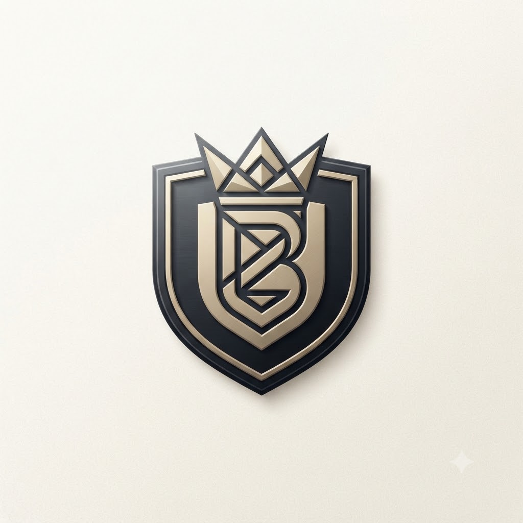 Premium business logo with a shield and gold geometric mark
