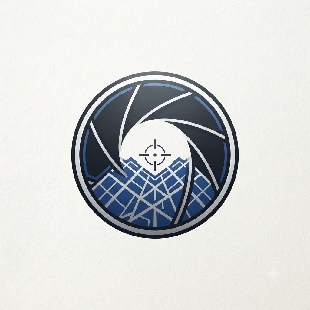 Commercial photography logo with geometric shutter and city grid