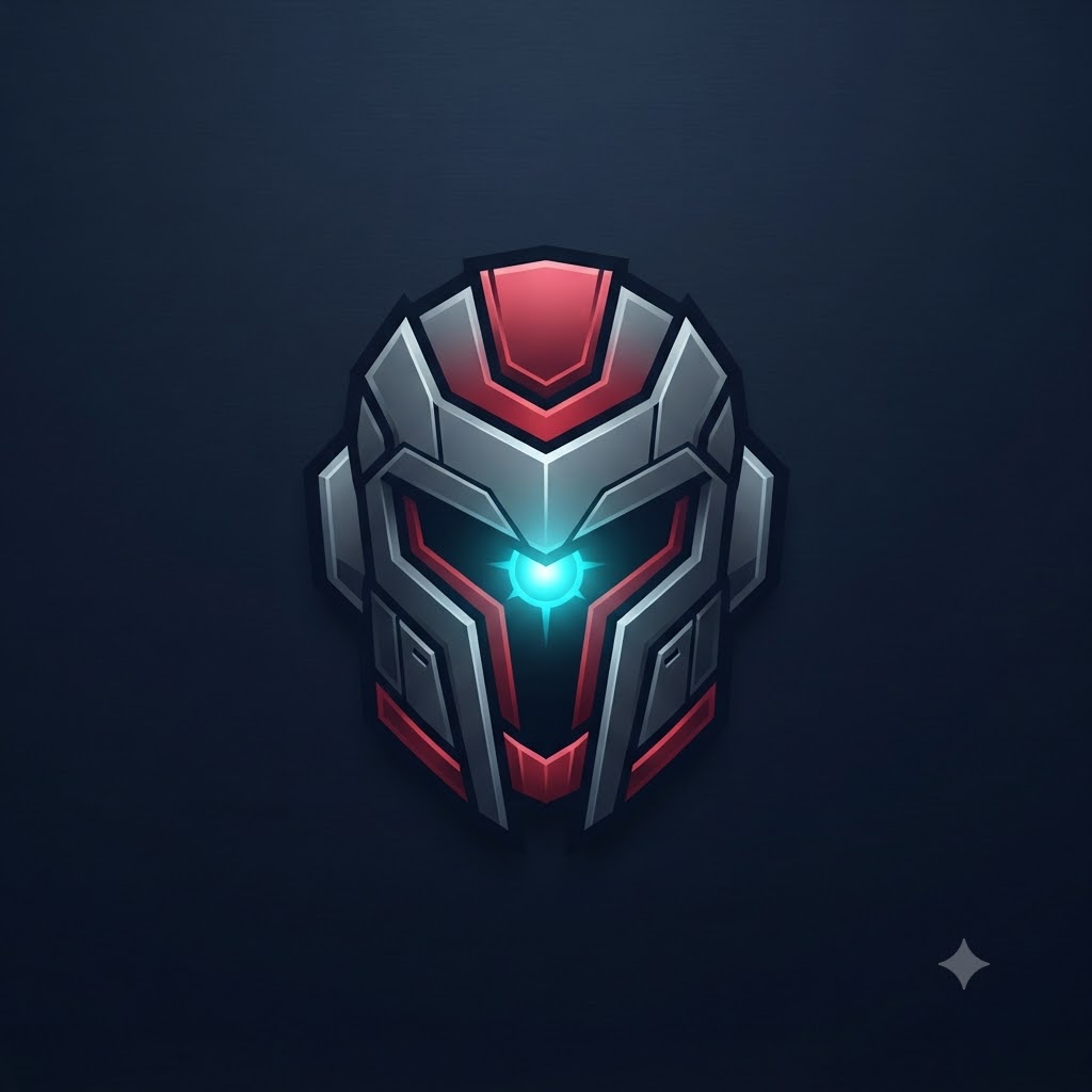 Original armored superhero logo with geometric helmet and glowing core