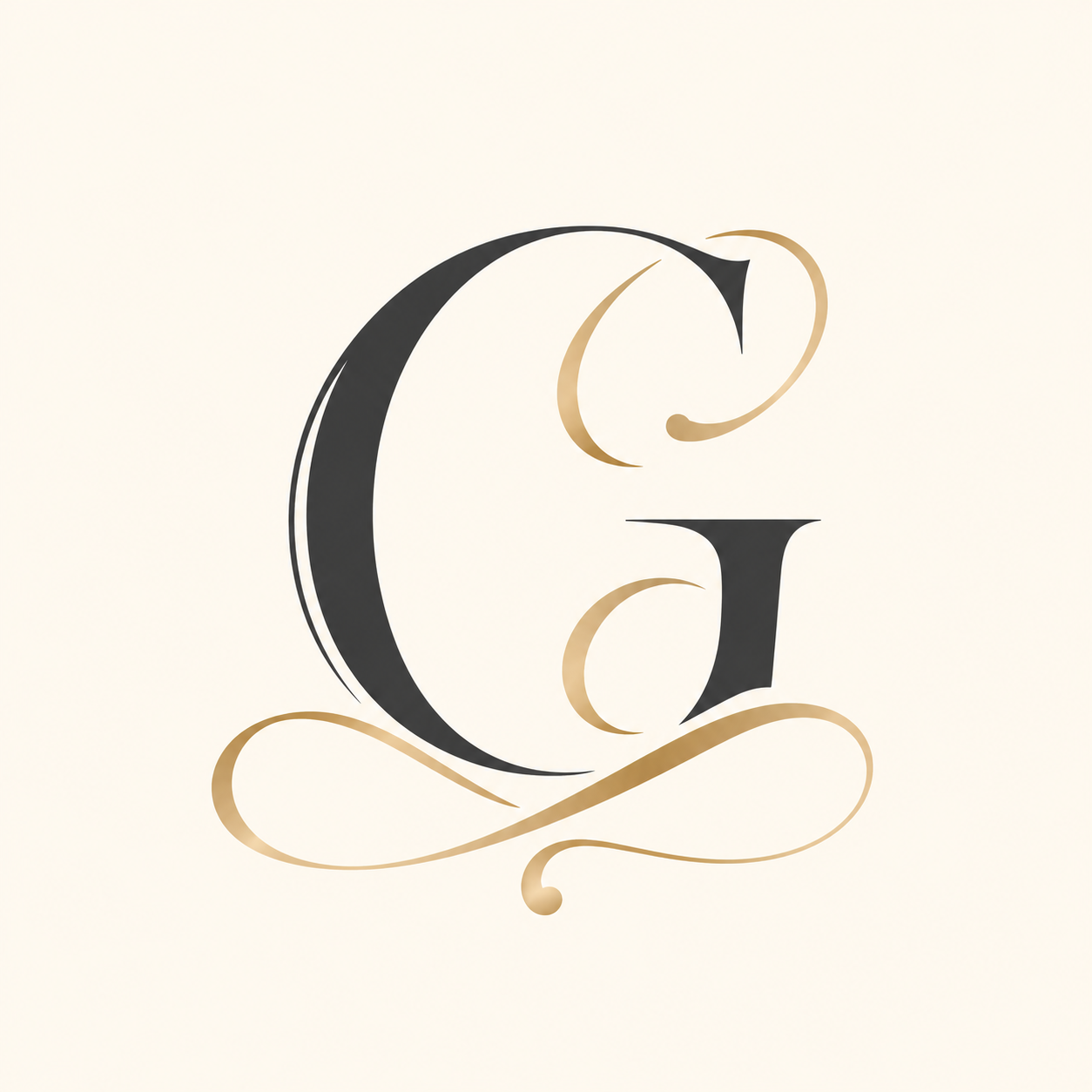 Elegant letter G logo with gold calligraphic flourishes