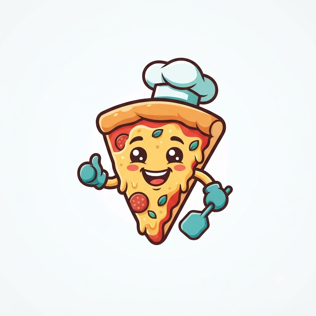 Cartoon pizza mascot logo with a chef hat