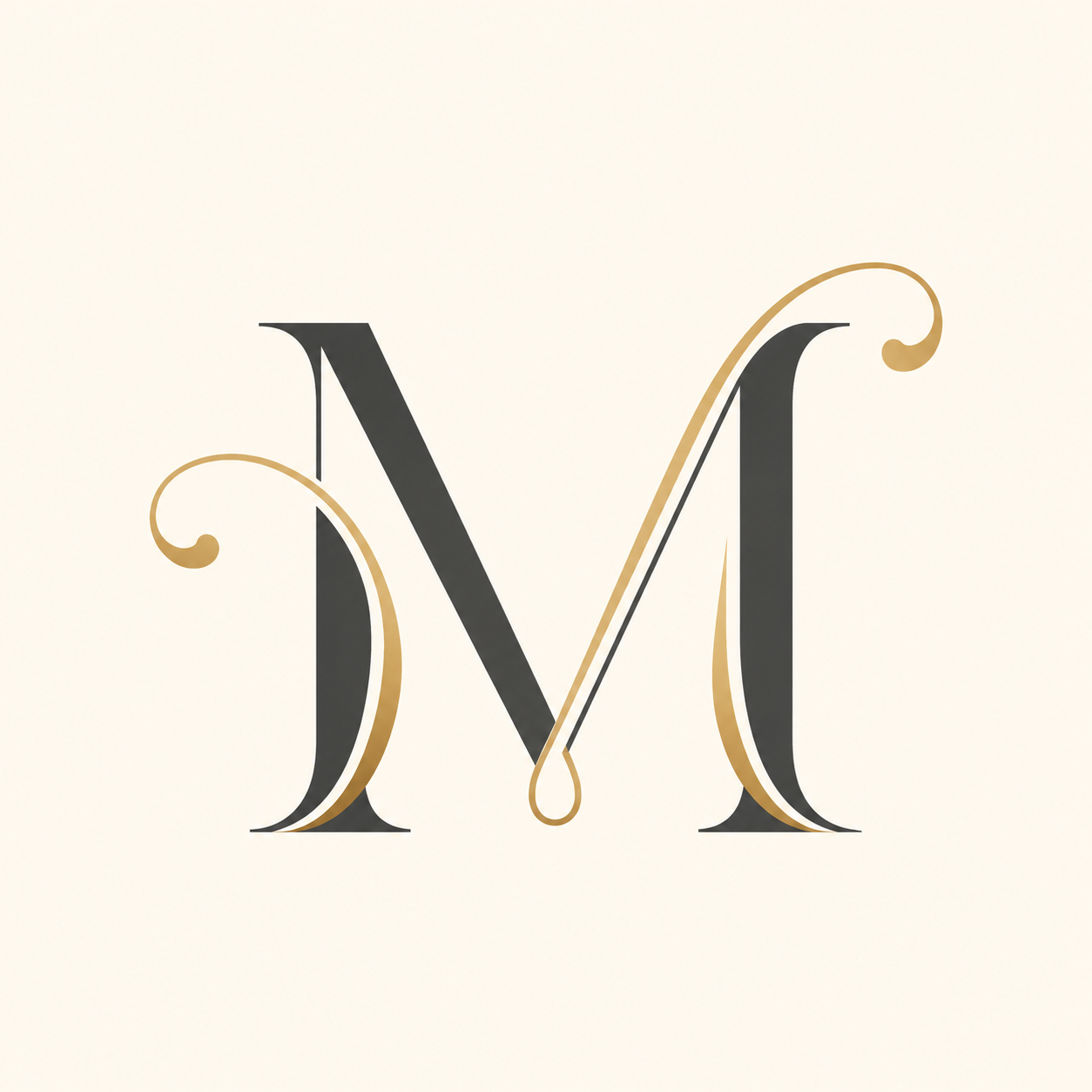 Elegant letter M logo with gold calligraphic flourishes