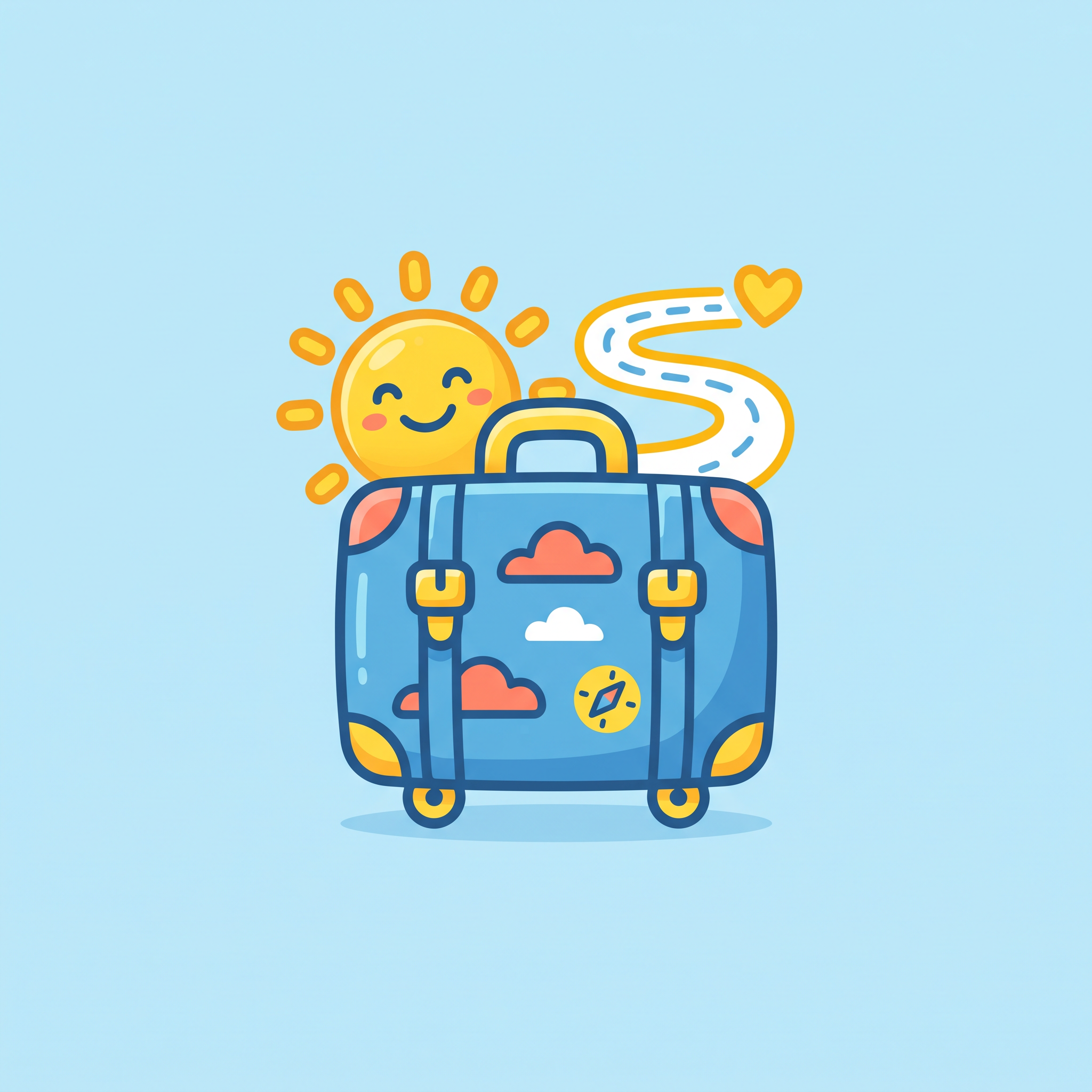Family travel logo with a playful suitcase, sun, and winding path