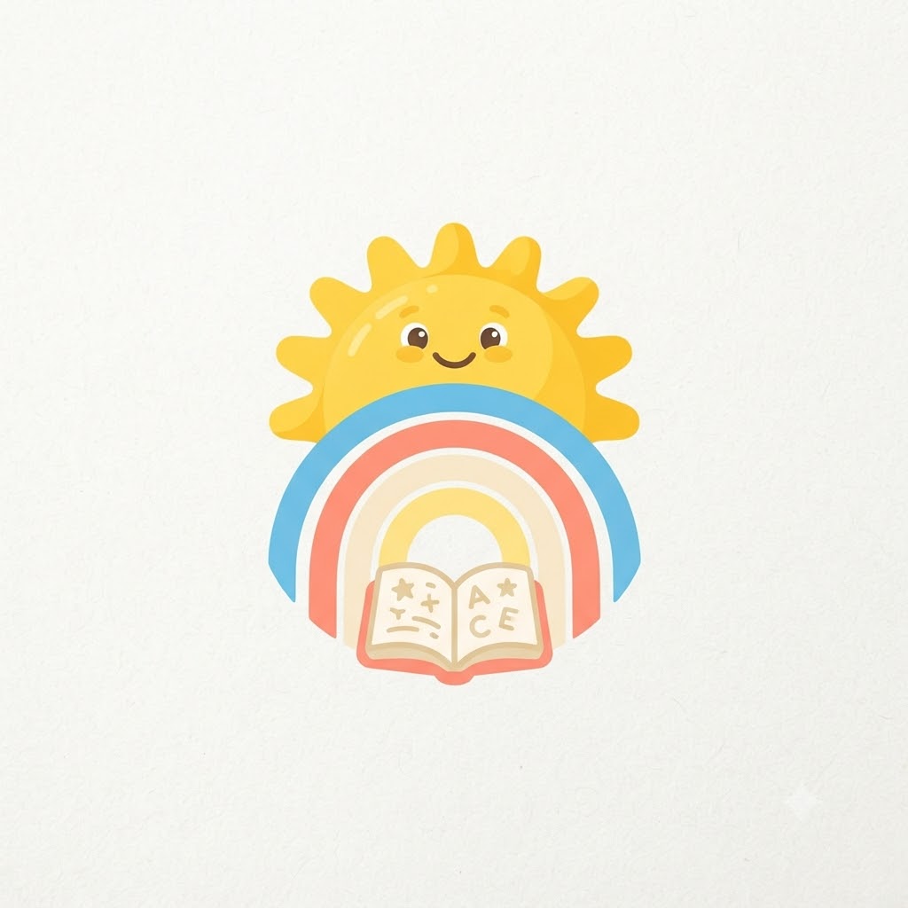 Preschool logo with smiling sun, rainbow, and open book