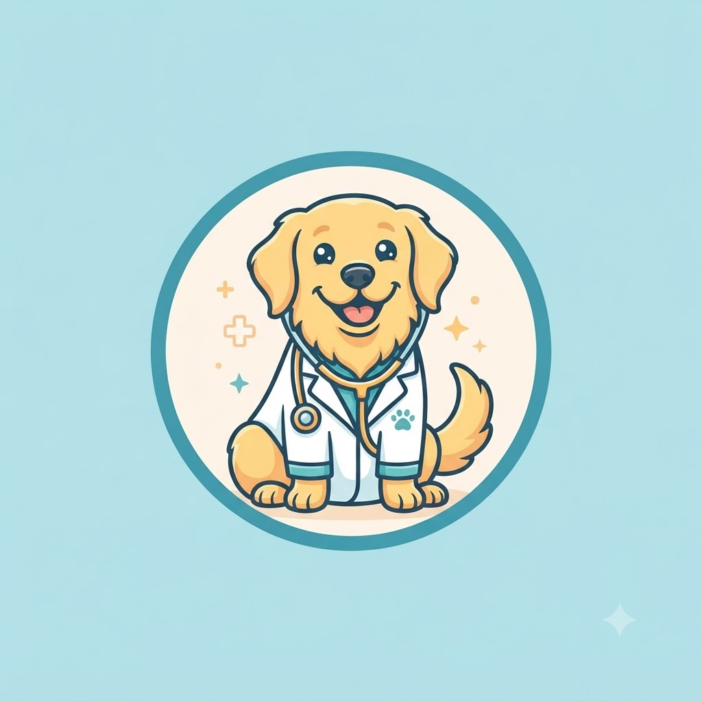 Cartoon veterinarian logo with a smiling dog and stethoscope