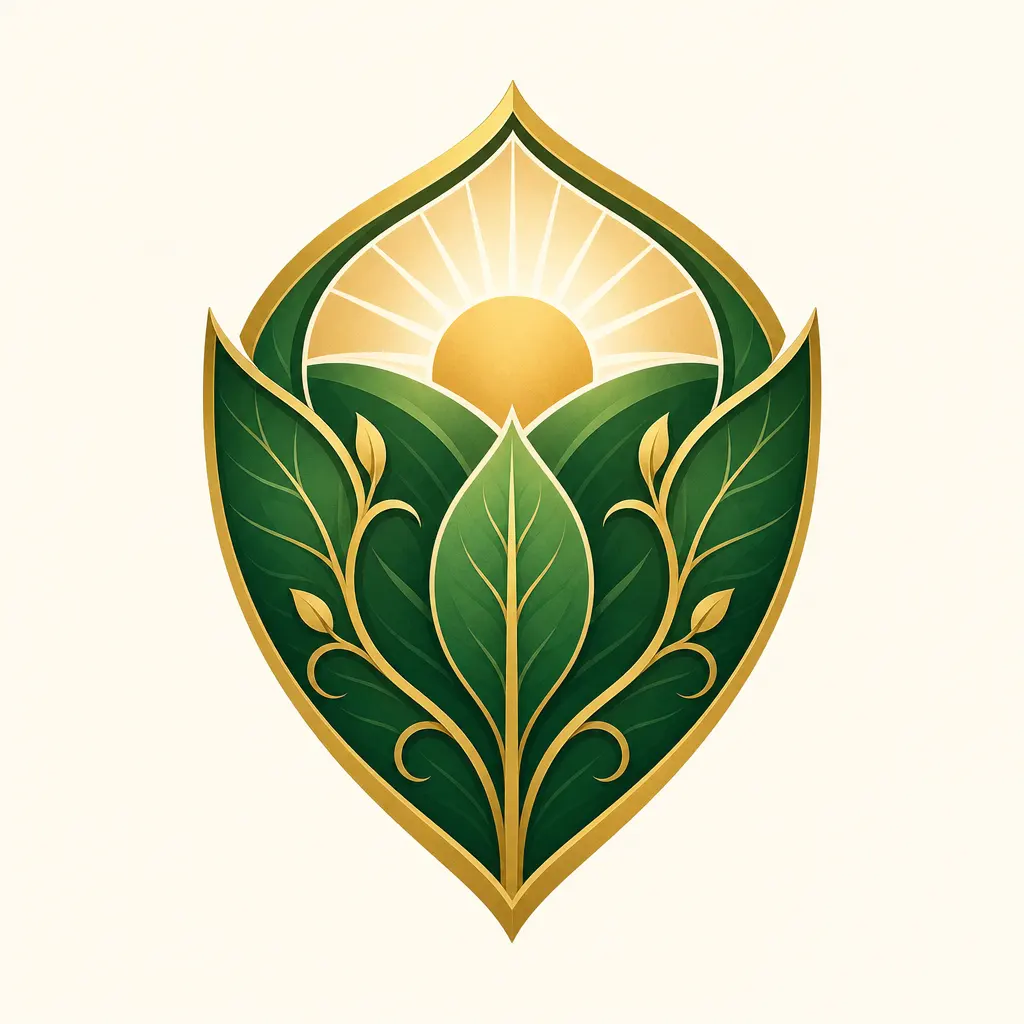 Original nature superhero logo with leaf shield and sunrise