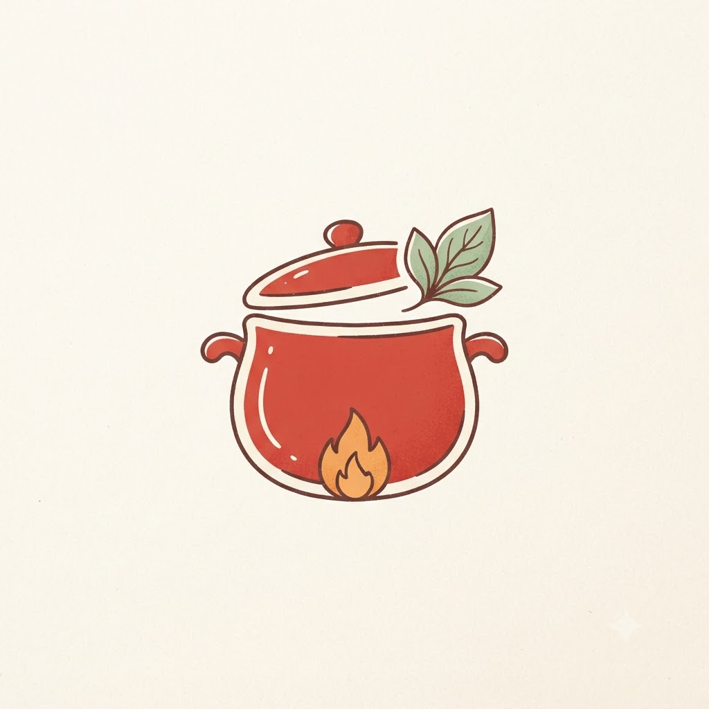 Restaurant logo with a cooking pot, flame, and herb leaf