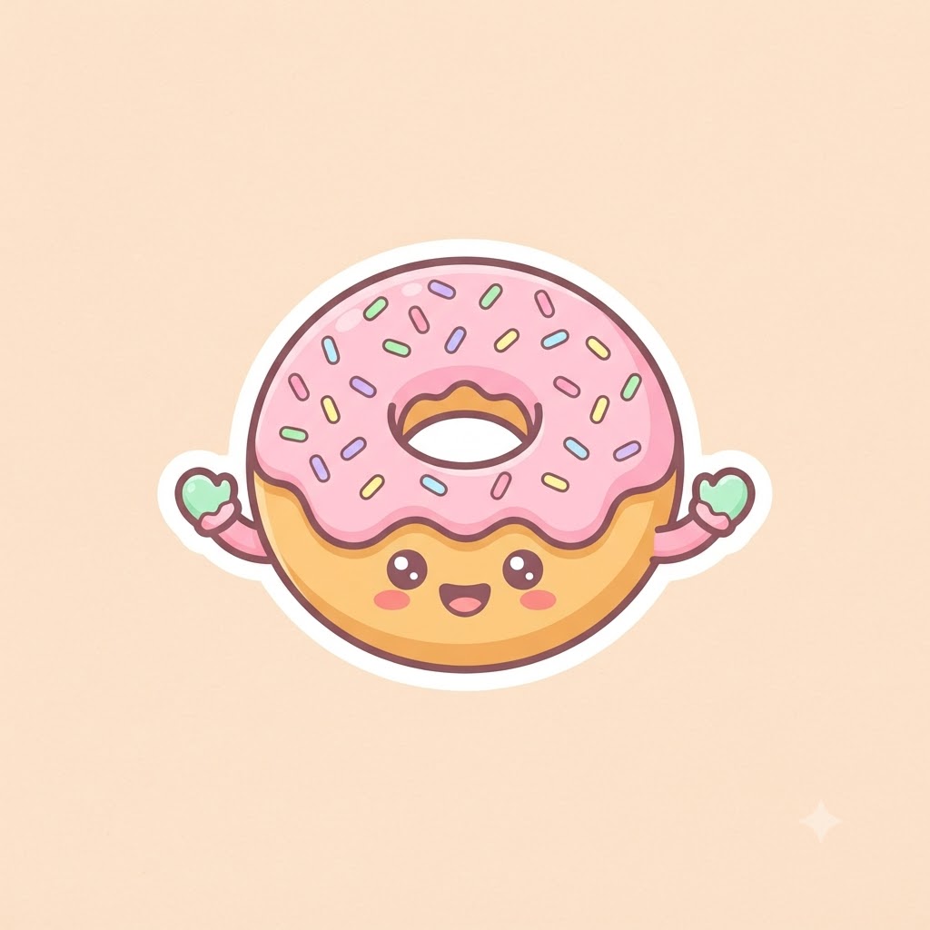 Cartoon donut shop logo with a smiling frosted donut