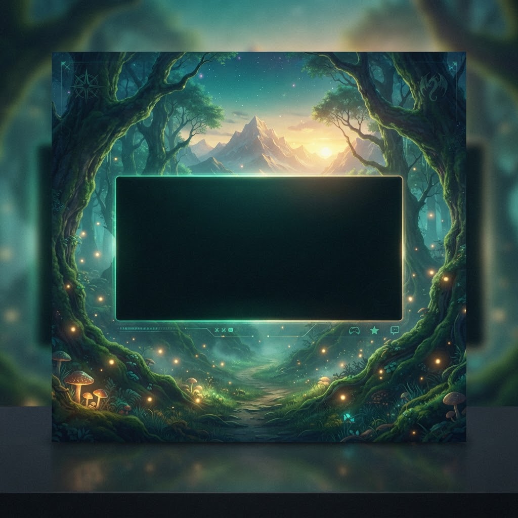Fantasy forest stream banner with a path and title space