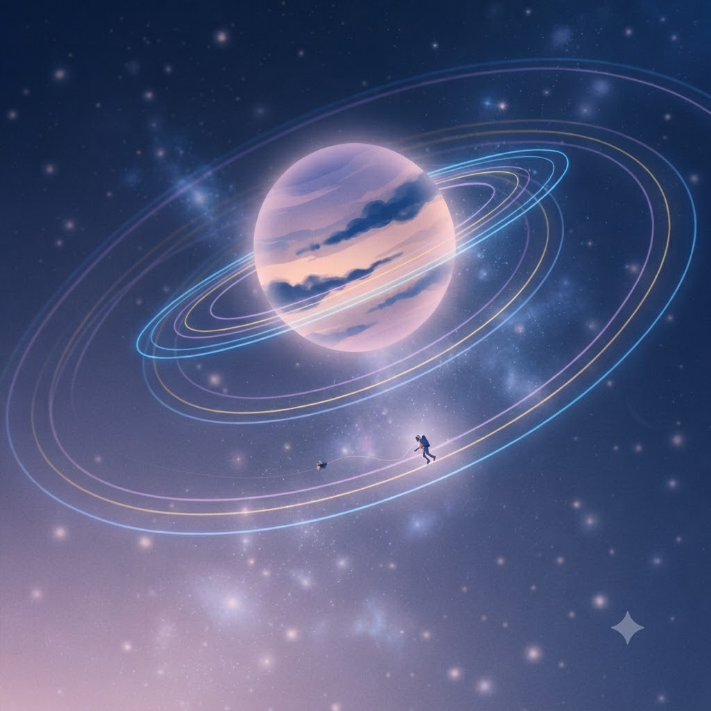 Dreamy space exploration poster with a glowing planet and astronaut