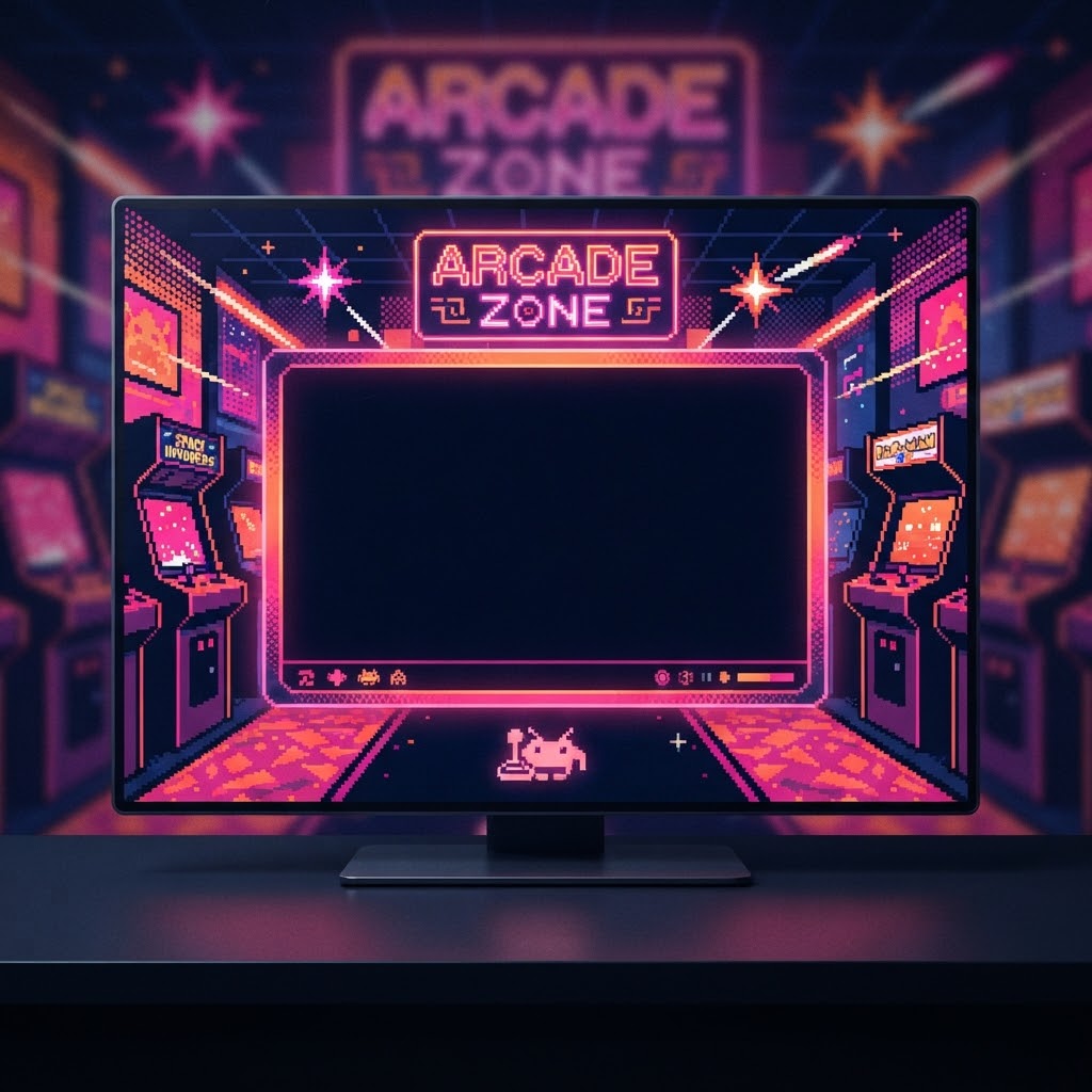 Retro arcade stream banner with neon pixel-inspired shapes
