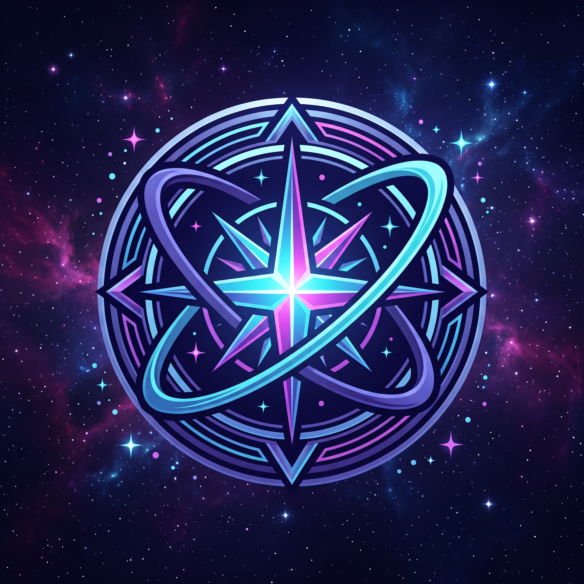 Original cosmic superhero logo with star compass and orbit rings