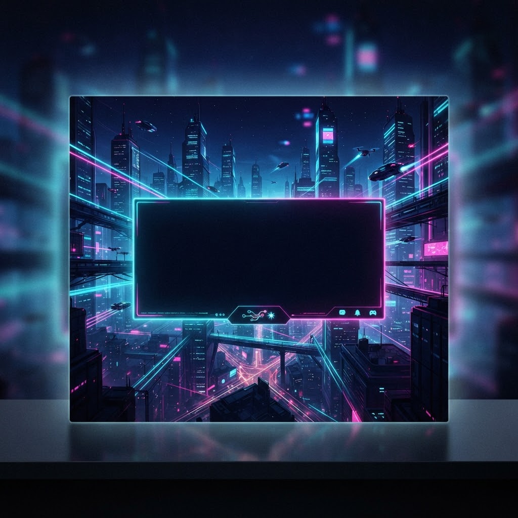 Cyberpunk stream banner with neon city and central title space