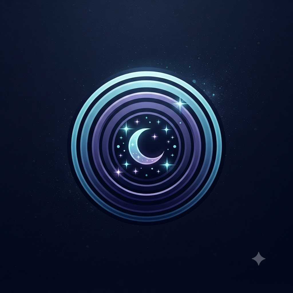 Night photography logo with moon, lens, and star sparkles