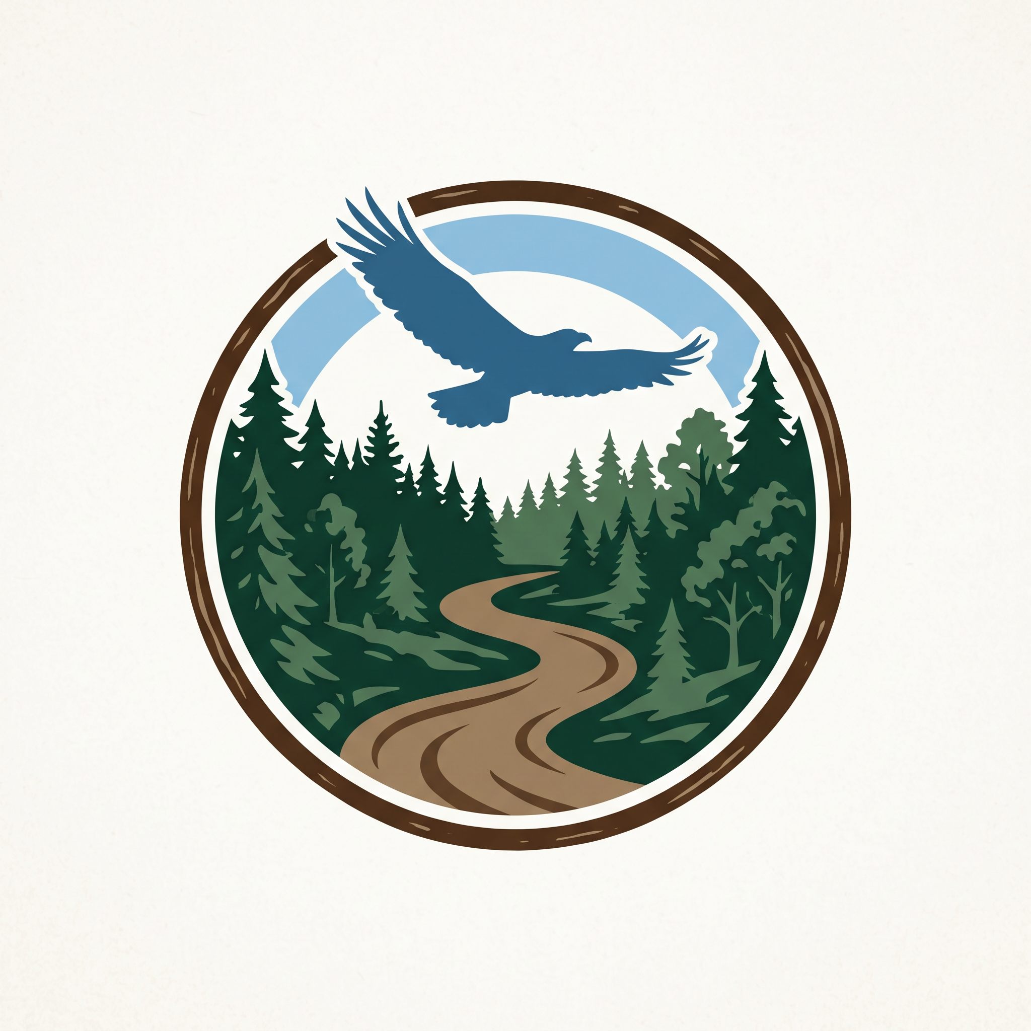 Nature travel logo with bird, forest, and river emblem