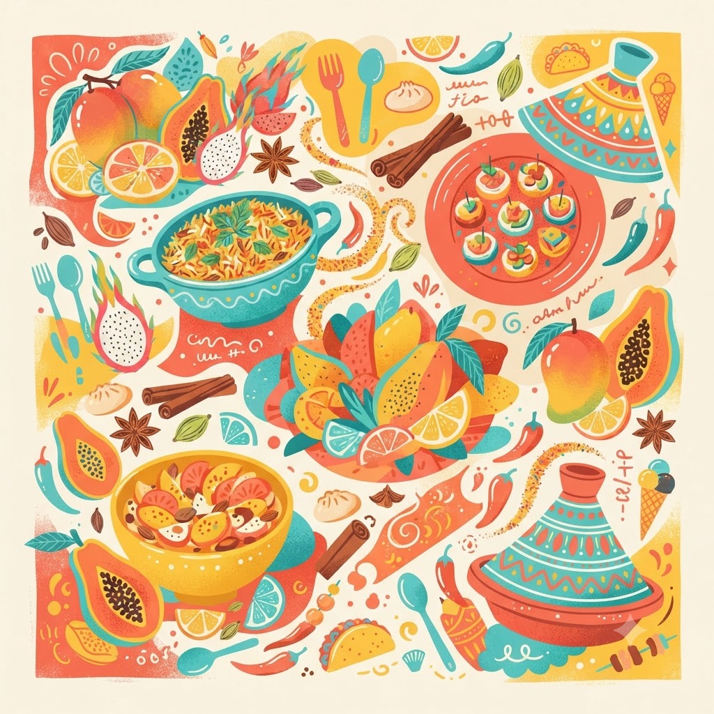 AI-generated food festival poster with colorful fruits and dishes