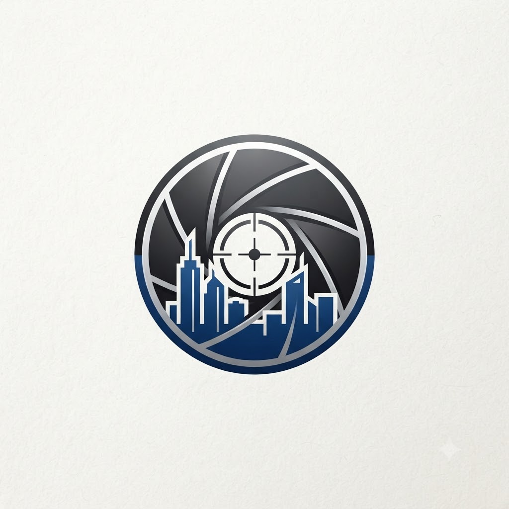 Commercial photography logo with shutter and city skyline
