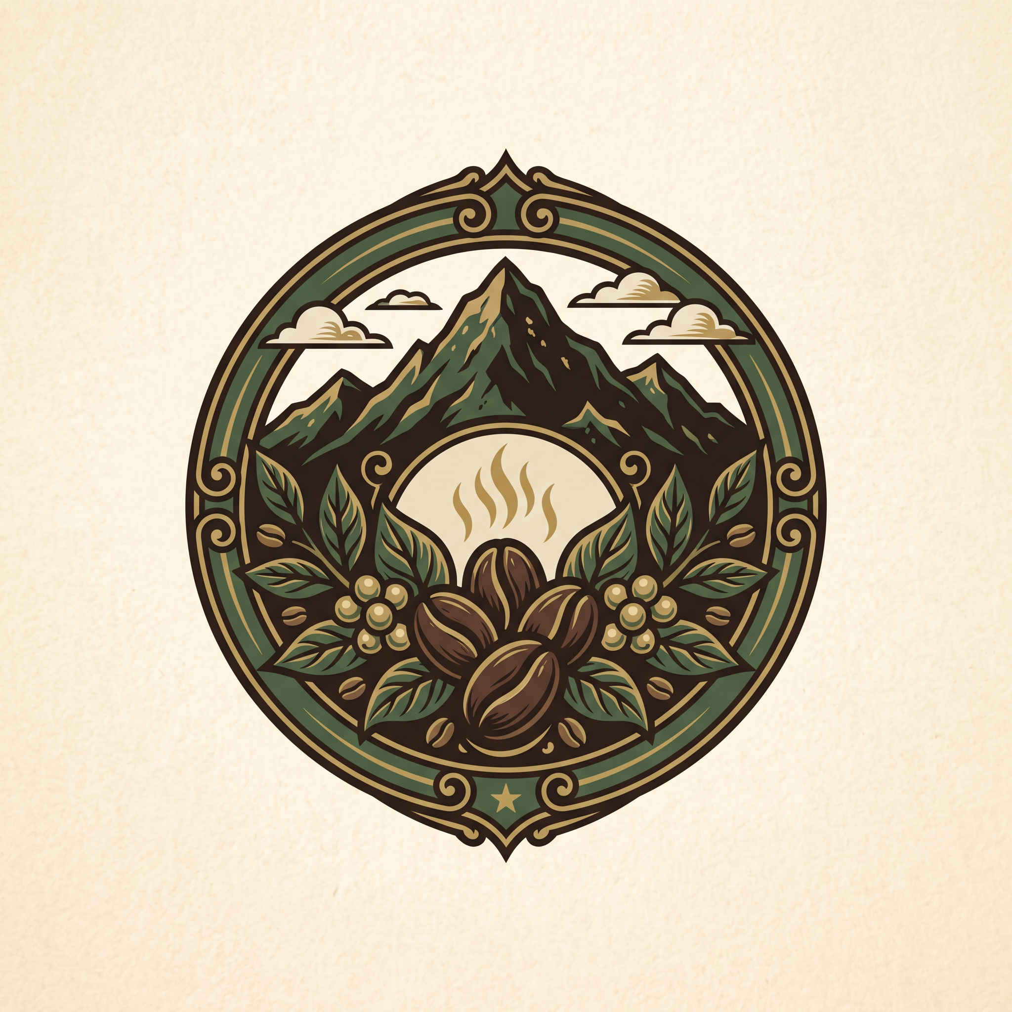Specialty coffee roastery logo with bean and mountain emblem
