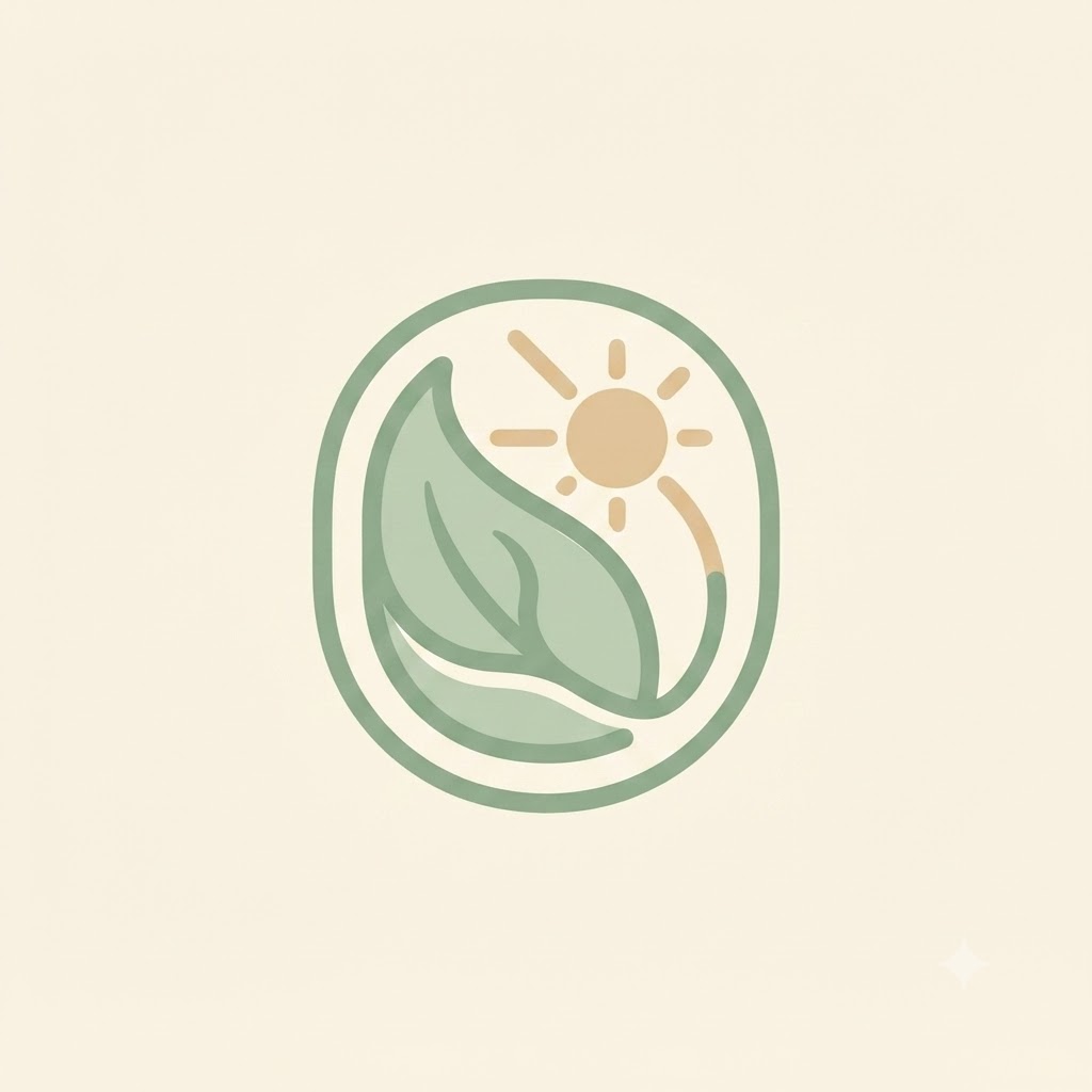 Natural goods logo with a leaf and sun emblem