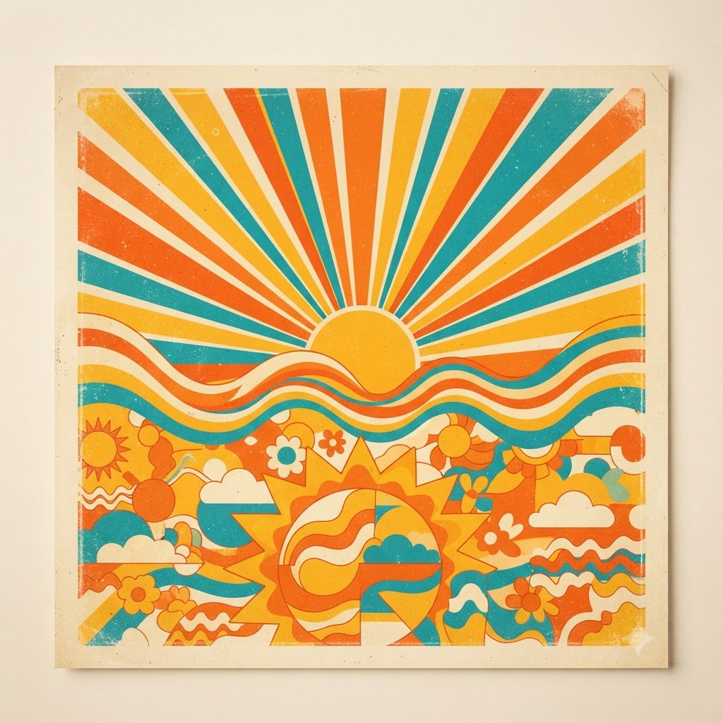 Retro summer poster with sunburst rays and colorful waves
