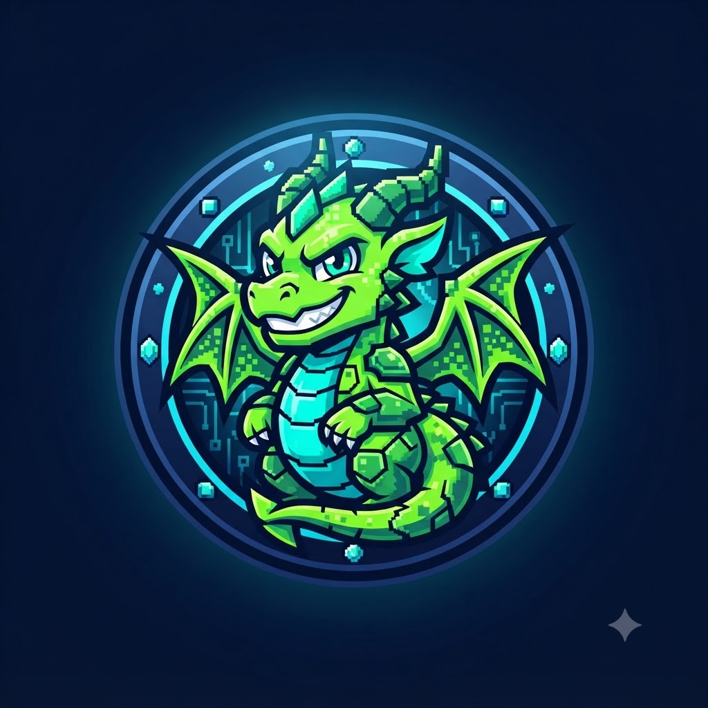 Cartoon gaming dragon logo with pixel-inspired details