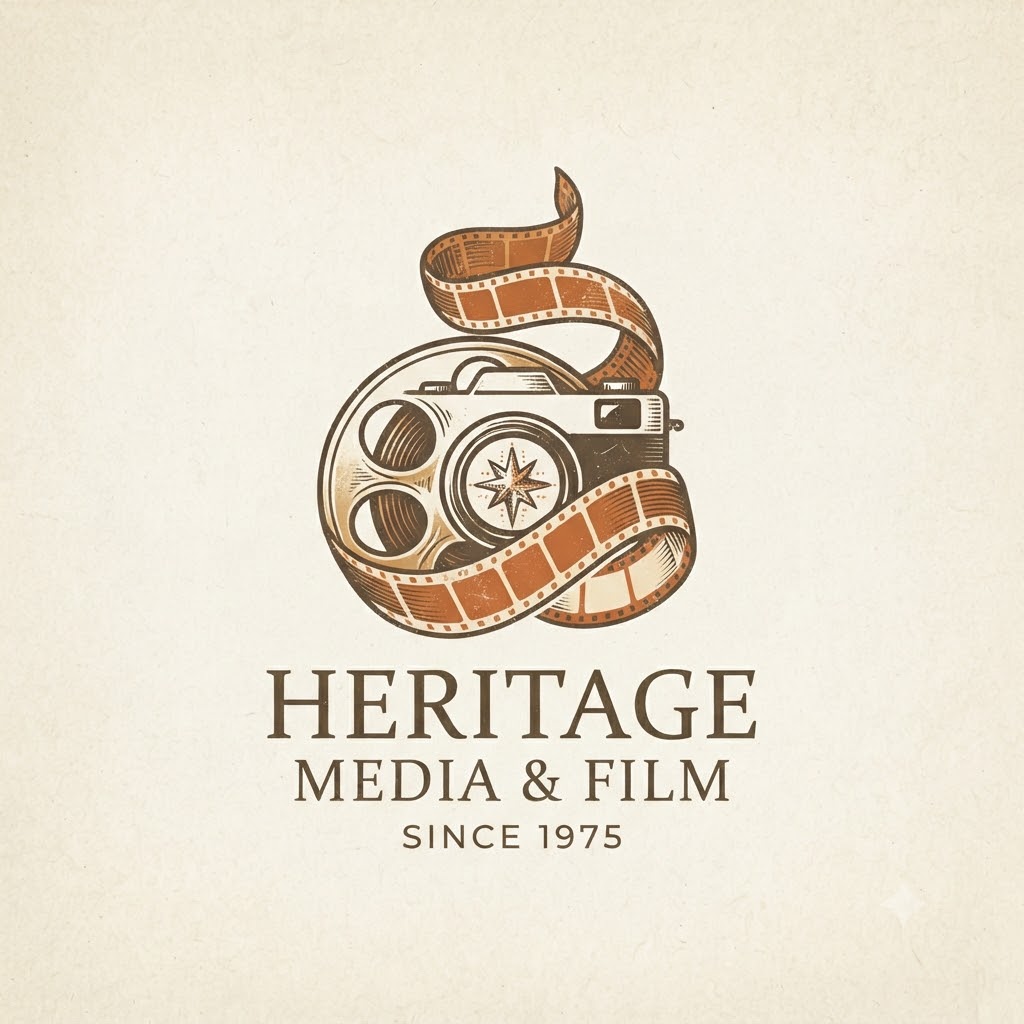 Vintage film photography logo with film strip and camera silhouette