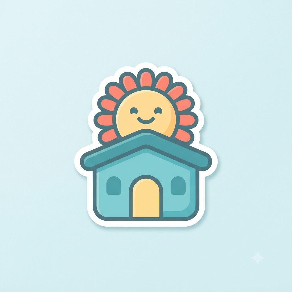 Friendly local business logo with a house and smiling sun